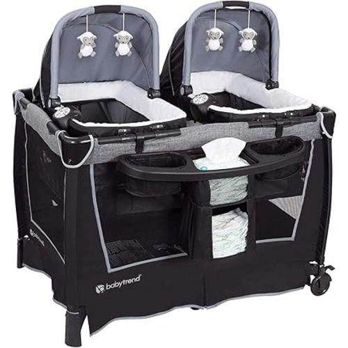 Baby Trend Retreat Nursery Center with Two Removable Rock A Bye Bassinets, Changing Table, Organizer, and Music Center with Nightlight, Quarry