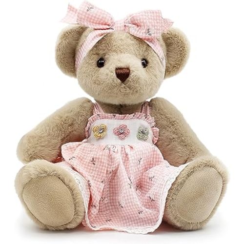 Jointed Teddy Bear Stuffed Animals Small Soft Plush Toy with Cloth (Pink Skirt 13Inch)