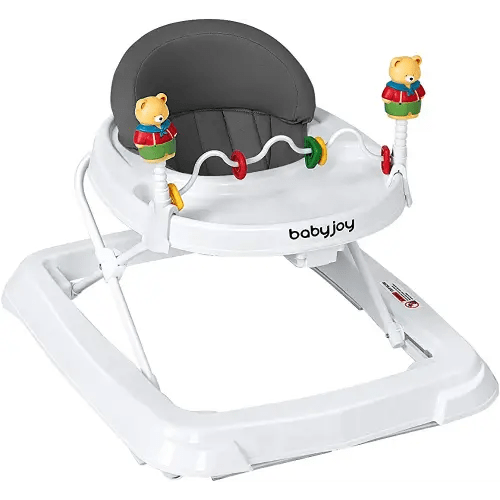 BABY JOY Baby Walker, Foldable Activity Walker Helper with Adjustable Height, Baby Activity Walker with High Back Padded Seat & Bear Toys, Gray