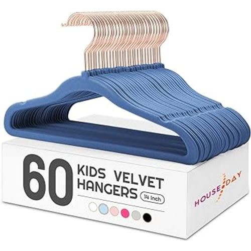 HOUSE DAY Velvet Kids Hangers 60 Pack, Premium Childrens Hangers for Closet, Ultra Thin Cute Hangers Kids Clothes Hanger, Non Slip Kids Felt Hangers 14 Inch, Small Hangers for Kids Clothes, Light Blue