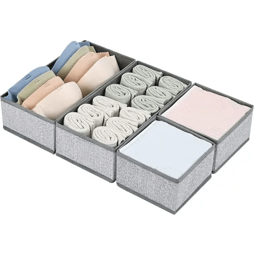 DIMJ Drawer Organizer Clothes, Underwear Drawer Organizer, Set of 4 Foldable Closet Fabric Drawer Dividers for Baby Socks, Belt, Tie (Light Grey)