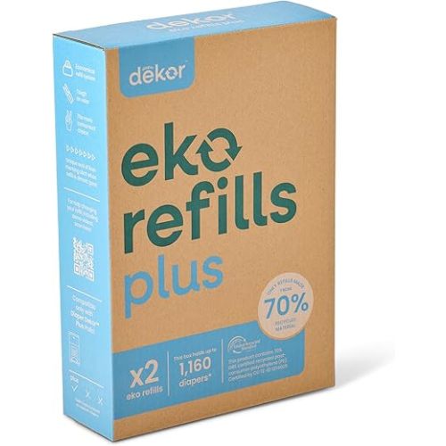 Diaper Dekor Eko Plus Refills, 2 Count | ONLY Eco-Friendly Diaper Pail Refills Made With 70% Recycled Materials | Quicker, Easier & More Cost Effective than Trash Bags | Unscented