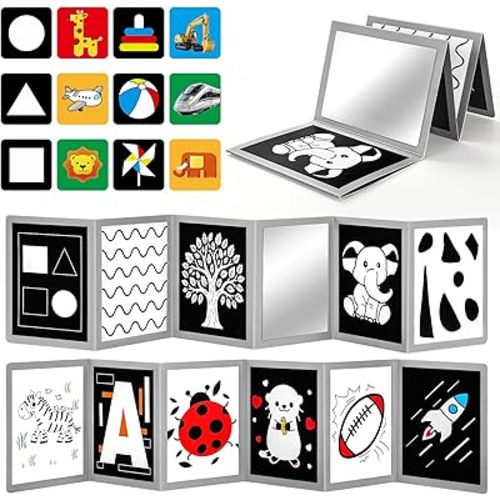 Black and White Baby Book with 12 High Contrast Cards, Newborn Visual Stimulation Toy for 0-6 Months, Tummy Time Sensory Book, Montessori Infant Development Toy