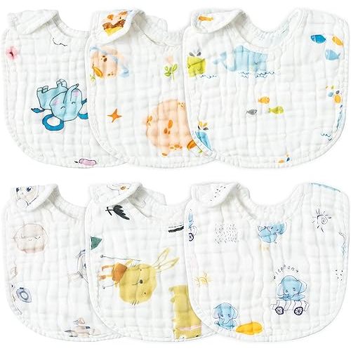 Zainpe 6Pcs Snap Muslin Cotton Baby Bibs Elephant Whale Rabbit Pattern Feeding Bib Adjustable Machine Washable Unisex Burp Cloths with 6 Absorbent & Soft Layers for Boys Girls Drooling Teething Eating