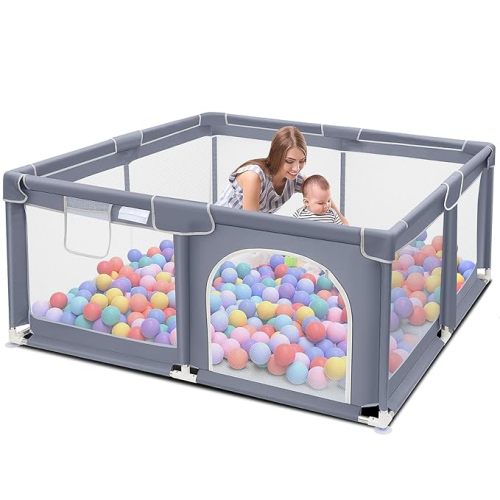 Suposeu Baby Playpen, Play Pen for Kids Activity Center, Large Baby Playard for Indoor and Outdoor, Sturdy Safety Baby Fence with Soft Breathable Mesh for Toddler, Grey - 50”×50”