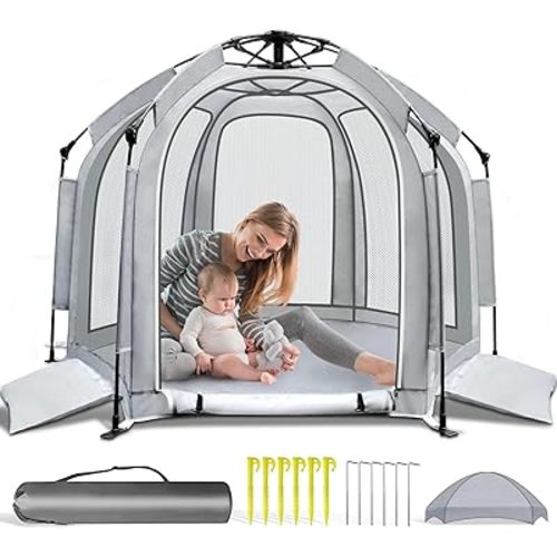 Baby Playpen with Canopy, Portable Baby Beach Tent, Toddler Play Yard Indoor and Outdoor, Foldable Mosquito Net for Infant - Grey