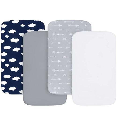Lot de 4 draps-housses pour couffin (83,8 x 50,8 cm) pour la plupart des personnes dormant de chevet, berceau, draps en microfibre respirante et douce, gris/bleu marine