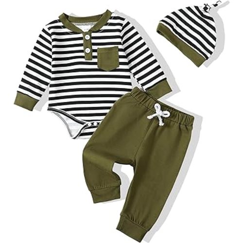 NZRVAWS Baby Boy Clothes Newborn Boy Outfit Infant Stripe Plaid Romper Long Pant Set Hat 3PC Clothing 0 3 6 9 12 Months