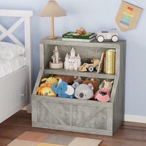 Garvee Children's Multi-Functional 2 Shelf Bookcase and Toy Storage Bin for Bedroom & Nursery, Gray