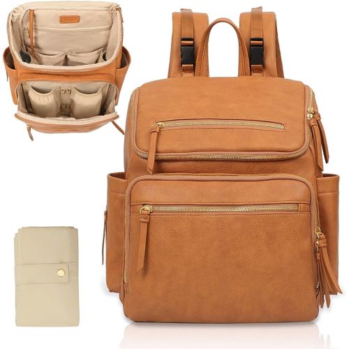 Omanmoli Diaper Bag Backpack Large Baby Diaper Bag Leather with 17 Diaper Bag Organizing Pouches,Changing Pad,Stroller Straps,4 Insulated Pockets,Honey