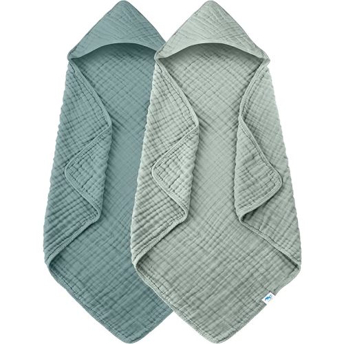 SWEET DOLPHIN Muslin Hooded Baby Bath Towels - 2 Pack 100% Cotton Towel for Babies, Infants, Toddlers - 32x32Inch - Highly Absorbent and Newborn Essential, Light Emerald