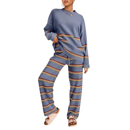 LILLUSORY 2 Piece Outfits for Women 2024 Fall Fashion Oversized Striped Sweaters Sets Cozy Lounge Sets Knit Clothes