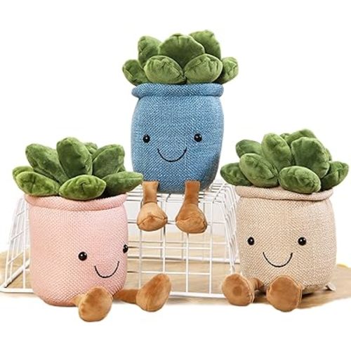 3pcs Succulent Plush Toy Potted Plants Plush Doll, Simulation Succulent Plushies Home Decoration Stuffed Soft Plushies (Pink+White+Blue)