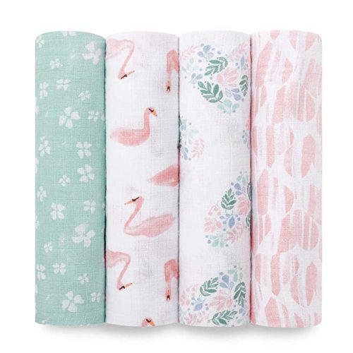 aden + anais Essentials Muslin Swaddle Blankets for Baby Girls and Boys, Newborn Receiving Blanket for Swaddling, 100% Cotton Baby Swaddle Wrap, 4 Pack, Floral, Briar Rose - Pink Floral