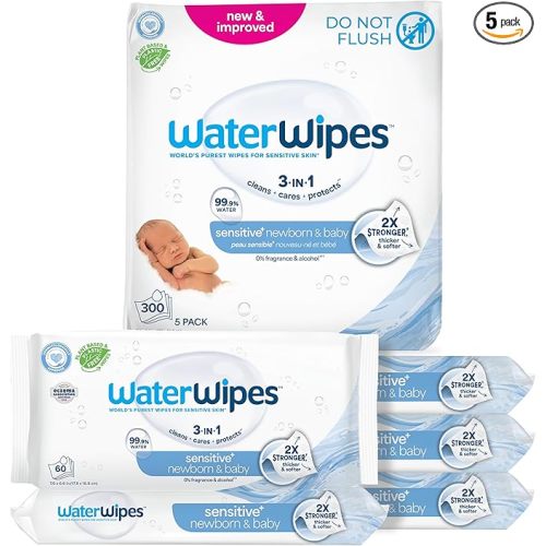 WaterWipes Sensitive+ Newborn & Baby Wipes, 3-In-1 Cleans, Cares, Protects, 99.9% Water, Unscented & Hypoallergenic, 300 Count (5 Packs)