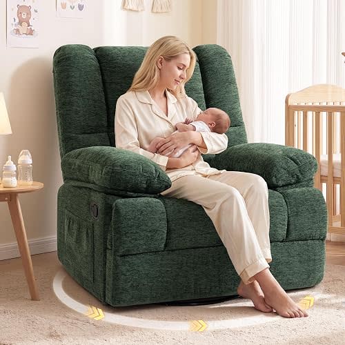 FiveWillowise Oversized Nursery Rocking Chair with Thicked Armrests and Headrest, 360° Swivel Rocker Recliner, Extra Large Manual Gilder Rocker Nursing Chair Recliner for Adults, Living Room, Green