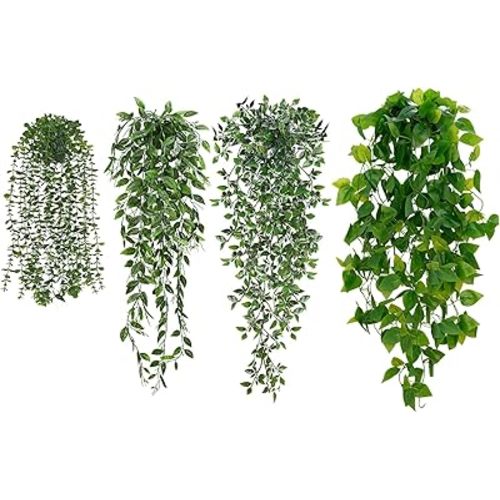 BLEUM CADE Fake Hanging Plants Mixed Set, 4pcs Artificial Hanging Plant, Faux Hanging Potted Plants Greenery for Wall Shelf Home Living Room Indoor Outdoor Decor