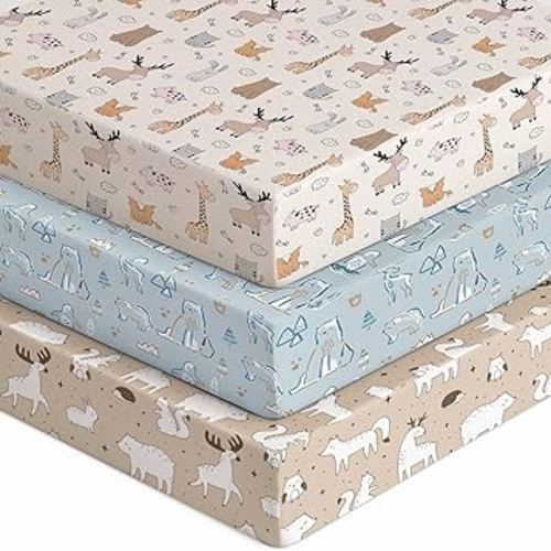 Baby Crib Sheets for Boys Girls, 28x52x8in Fitted Crib Sheet Neutral 3 Pack for Standard Crib and Toddler Mattress, Breathable Soft Microfiber Baby Sheet Blue & Apricot Bear