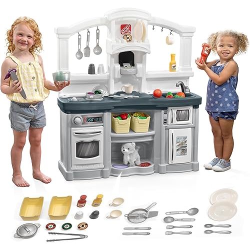 Step2 Fun with Friends Kids Kitchen Playset, Indoor/Outdoor Kitchenette, Interactive Play with Lights and Sounds, Durable Plastic, Includes 25 Piece Toy Accessories, Toddlers 2+ Years Old, Gray