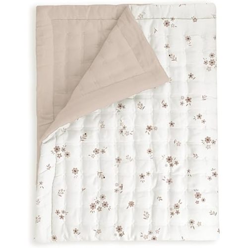 MakeMake Organics Organic Baby Comforter GOTS Certified Organic Kids Blanket Cotton Infill Tufted - Reversible Ultra Soft Breathable Boys Girls (30"x40", Bloom + Solid Pecan)