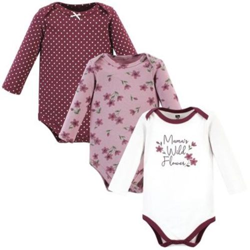 Hudson Baby Infant Girl Cotton Long-sleeve Bodysuits, Plum Wildflower 3 Pack, 9-12 Months