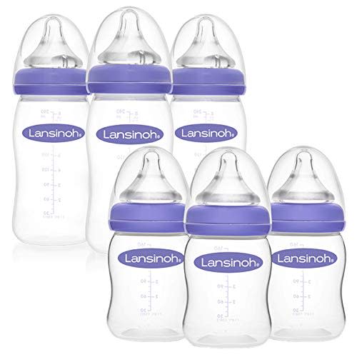 Lansinoh Anti-Colic Baby Bottles for Feeding Babies, 3 Count Each of 5 Ounces and 8 Ounces, 6 Bottles Total, Includes 3 Medium Flow Nipples (Size M) and 3 Slow Flow Nipples (Size S)