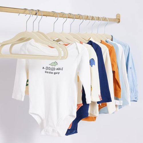 Amazon Basics Kids Velvet, Non-Slip 11.6" Clothes Hangers, 1 Count (Pack of 50), Beige - 11.6 Inches (for baby clothes) - 50-Pack
