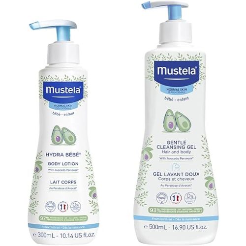 Mustela Baby Bath Time Gift Set - Baby Skin Care Essentials with Natural Avocado - Contains Hydra Bebe Body Lotion 10.14 fl. oz. & Gentle Cleansing Gel 16.9 fl. oz. - 2 Items Set