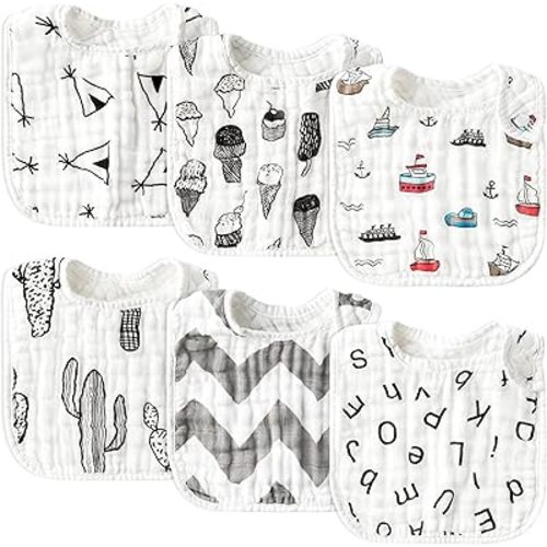 Zainpe 6Pcs Snap Muslin Cotton Baby Bibs Summer Ice Cream Pattern Infants Drool Bib Soft Absorbent Adjustable Burp Cloths Feeding Cloth for Newborns Girls Boys Toddlers Teething Eating 0 to 36 Months