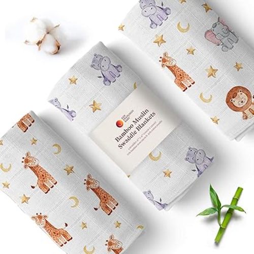 Animal Swaddle Blankets, 3-Pack – Soft, Bamboo Rayon and Cotton Baby Blankets for Boys and Girls Promote Sound Sleep – 47x47 in. Receiving Blanket/Multipurpose Baby Essentials