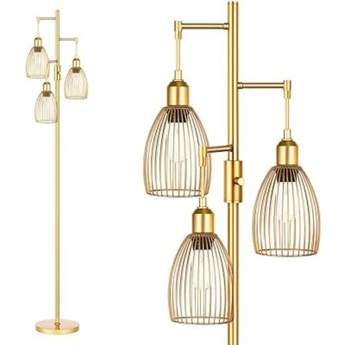 Dimmable Industrial Floor Lamps for Living Room, Gold Tree Standing Tall Lamps with 3 Elegant Teardrop Cage Head & 800 Lumens LED Bulbs for Bedroom Office