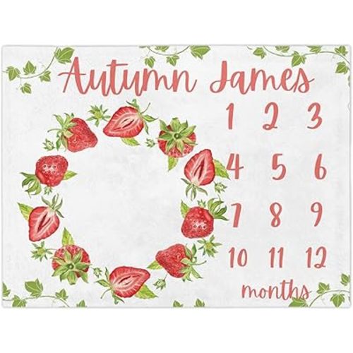Personalized Baby Monthly Growth Marker Blanket for Girls, Strawberry Baby Blanket, Newborn Growth Tracker, Photo Backdrop, New Mom Gifts, Nursery Decor