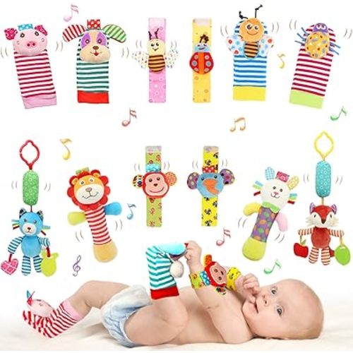 Wrist Rattles Foot Finder Rattle Sock Baby Toy, Hanging Rattle Toy, Arm Hand Bracelet Rattle, Feet Leg Ankle Socks, Activity Rattle Present Gift for Newborn Infant Babies Boy Girl Bebe (12 D)