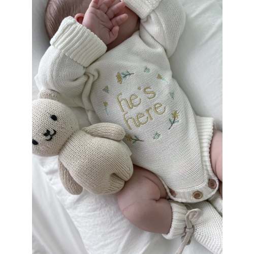 He’s Here Announcement Romper | Honey | Milk + Yellow writing