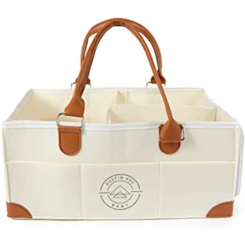 Austin Ave Baby Diaper Caddy and Organizer - Perfect For Storing and Organizing Baby Wipes and Diapers - Looks Amazing In Any Nursery or Changing Table, Off-white and tan