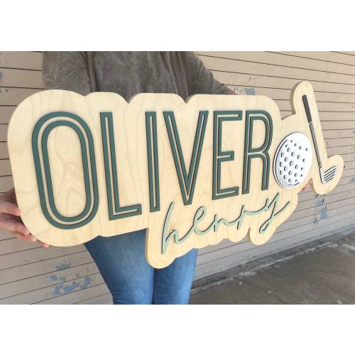 Golf name sign, large wood name sign, nursery name sign, sports nursery, above crib cut out, layered baby name sign, cut out sign
