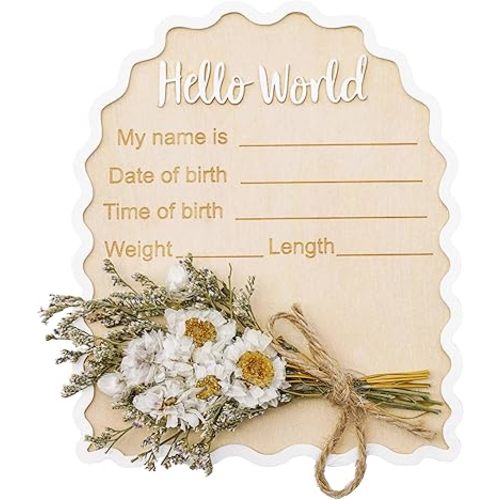 Wonhibo Daisy Newborn Announcement Sign - Baby Hospital Photo Prop Wooden Board Card with Real Pressed Flowers Hello World