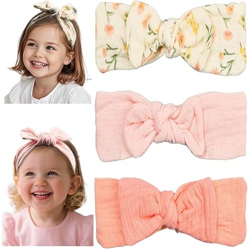 Baby Girl Muslin Cotton Hair Bow Headband, Top Knotted Floral and Solid Headwrap for Newborns, Infants, Toddlers (CJpinkset)