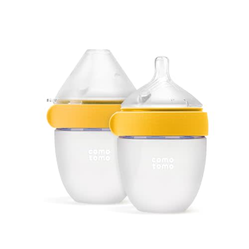 Comotomo (Gen 2) Silicone Baby Bottle, Yellow, 5oz, 2-Pack | Premium food-contact grade silicone bottle with a truly slow-flow nipple and dual anti-colic vents for newborn feeding.