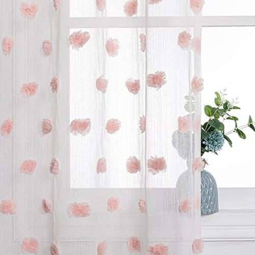 MYSKY HOME Short Curtains for Small Window 54 Inches Long Kitchen Curtains Pink Pom Pom Sheer Curtains for Bedroom Living Room Cafe Nursery Girls Kids Rod Pocket 2 Sets Boho Voile 37 x 54 in