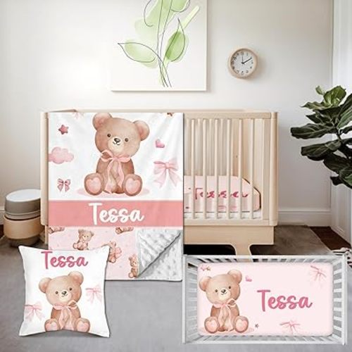 Personalized 3 Piece Baby Crib Bedding Set for Girls, Newborn Baby Toddler Nursery Bear Theme Set with Blanket, Fitted Sheet, Pillowcase, Custom Name Gifts for Girls