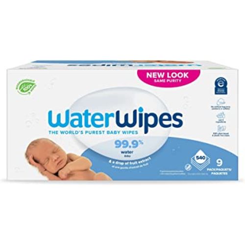 WaterWipes Plastic-Free Original Baby Wipes, 99.9% Water Based Wipes, Unscented & Hypoallergenic for Sensitive Skin, 540 Count (9 packs), Packaging May Vary