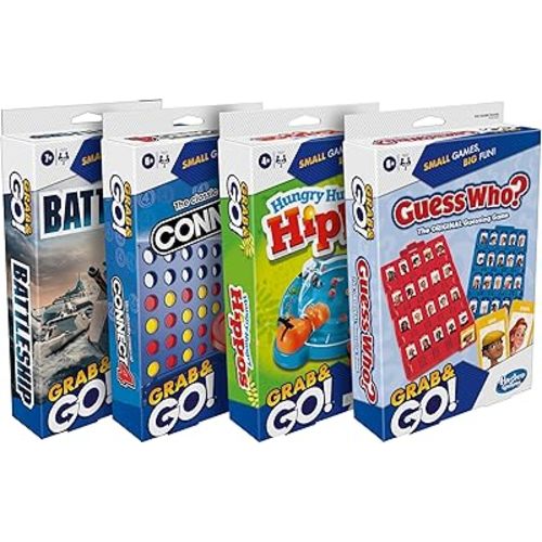 Hasbro Grab and Go! Bundle (4 Pack), Kids Travel Board Games, Battleship, Connect 4, Guess Who?, Hungry Hungry Hippos Games, 2 Players, Easter Gift for Kids, Ages 7+