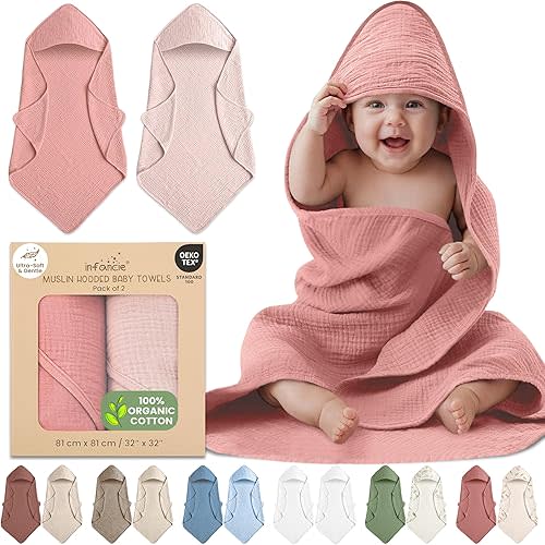 100% Organic Cotton Muslin Hooded Baby Towels 2 Pack 81 X 81 CM Bath Towels Large Soft Breathable Lightweight Quick Dry Gentle On Baby Skin for Newborns and Infants
