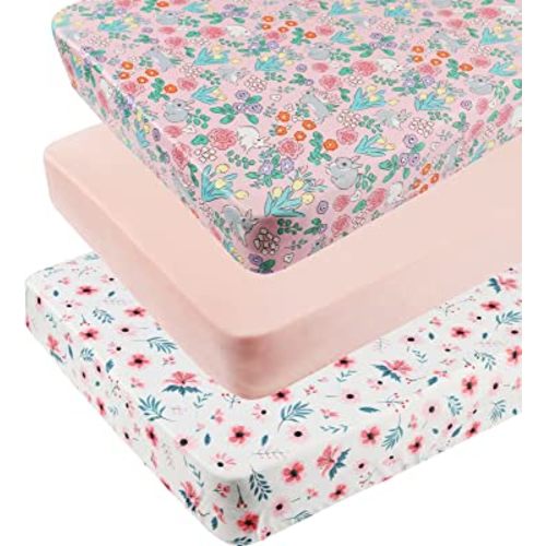Pack n Play Sheet Stretchy Fitted Portable Mini Crib Sheets Set 3 Pack,Playard Sheets Convertible Playard Mattress Cover,Ultra Soft Jersey Material,Floral,Grey Rabbit & Pink