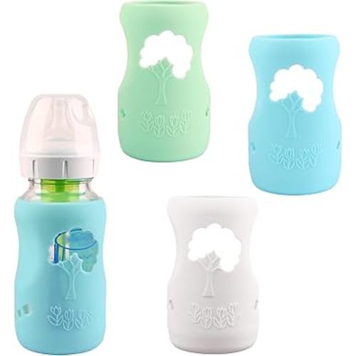 3 Pack Silicone Sleeves for Dr. Brown's Natural Glass Baby Bottles, Anti Breakage Baby Bottle Holder, Compatible Dr. Brown Wide-Neck Glass Baby Bottles 9 oz (White+Blue+Green)