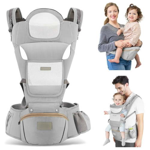 OTDLIGHT Baby Carrier with Hip Seat, Ergonomic M Position 6 in 1 Baby Wraps Carrier Adjustable Holder Newborn to Toddler with Head Support and Breathable Mesh Gray