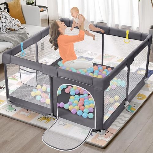 Dripex Playpen for Babies and Toddlers, Safe Anti-Fall Play Yard, Visible Play Pen with Gate, Baby Fence Play Area with Pull-up Ring, Washable Baby Play Yards, Anchor Grey, 50"x50"
