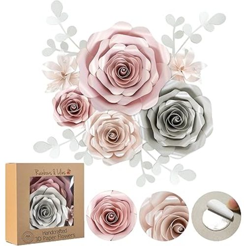 Rainbows & Lilies Large Paper Flowers Decorations for Wall, Wedding, Bridal Party, Baby Shower, Nursery Decor, Girls Room, Artificial Flower Backdrop - 10pc Rose 3D Wall Decor (Pink, Gray, Ivory)