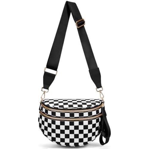 Bum Bags for Women Crossbody,Nylon Checkered Crossbody Bag Large Sling Bag Checkered Purse Oversized Slouchy Belt Bag